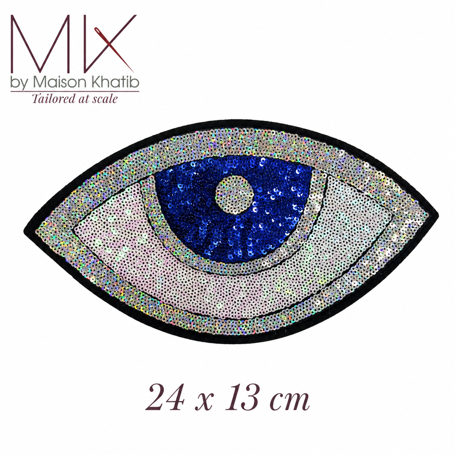 Large Silver & Blue Eye Sequin Badge 24 x 13 cm Maison Khatib Lebanon